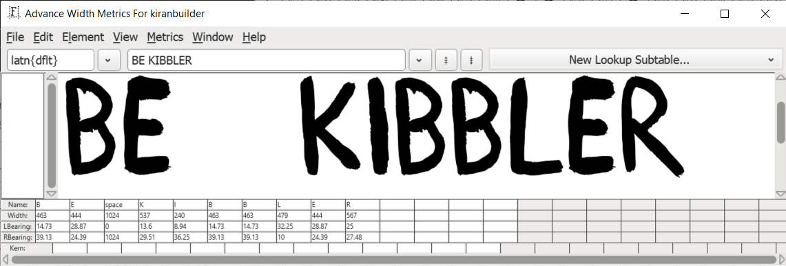 FontForge Metrics window, showing a preview of the font.